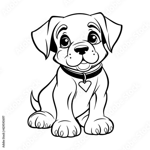Boerboe bulldog black and white hand drawn cartoon portrait vector illustration. Funny Boerboel puppy sitting and looking forward. Dogs, pets themed design element, icon, logo, coloring book page
