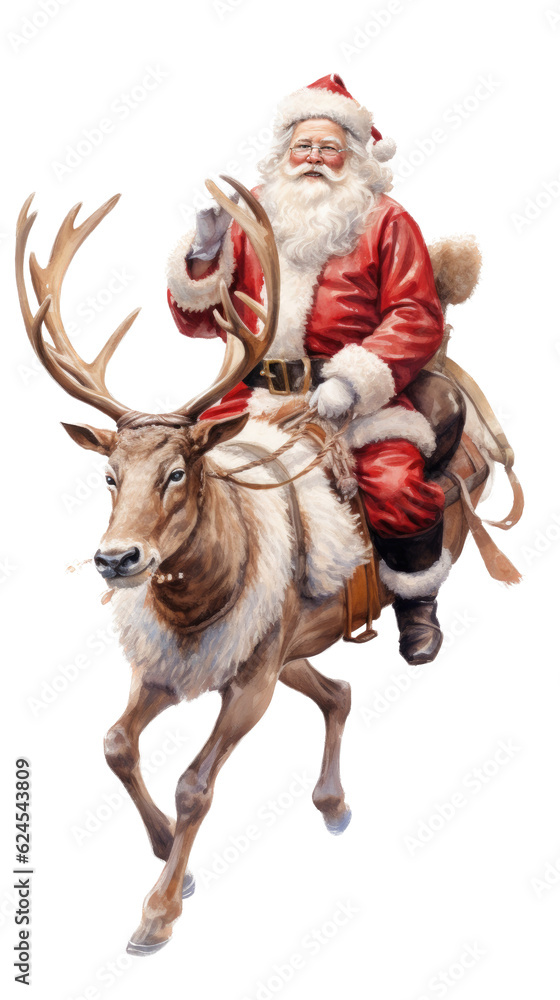Santa Claus, riding one of his Reindeer carrying gifts and packages in his red and white outfit in a Christmas-themed, photorealistic illustration in a PNG format, cutout, and isolated. Generative AI Santa Claus, riding one of his Reindeer carrying gifts and packages in his red and white outfit in a Christmas-themed, photorealistic illustration in a PNG format, cutout, and isolated. Generative AI