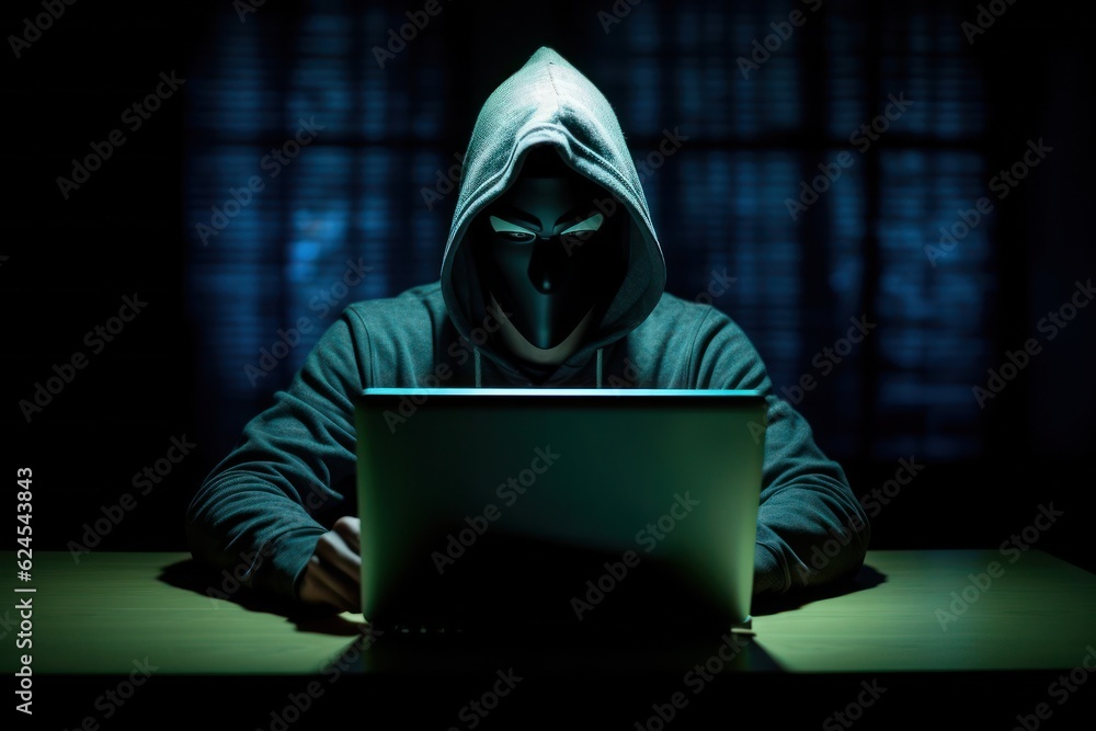 Fototapeta Anonymous Masked Hacker by Laptop in a Dark Room 