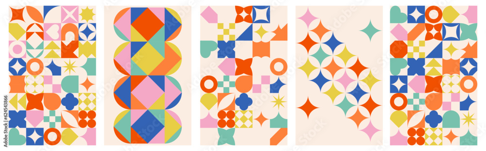 Abstract shapes isolated backgrounds in bauhaus style. Swiss design aesthetic. Geometric posters. Vector colorful illustration on white background.