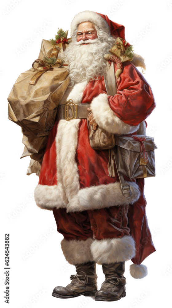 Santa Claus, Old Saint Nicholas, full body holding gifts and packages in his red and white outfit in a Christmas-themed, photorealistic illustration in a PNG format, cutout, and isolated. Generative 