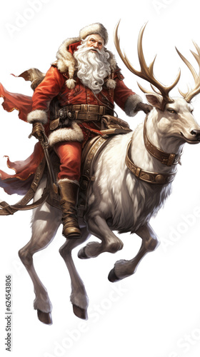 Santa Claus, riding one of his Reindeer carrying gifts and packages in his red and white outfit in a Christmas-themed, photorealistic illustration in a PNG format, cutout, and isolated. Generative AI © Purple Penguin GFX