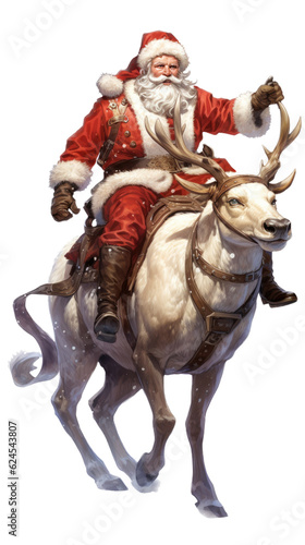 Santa Claus  riding one of his Reindeer carrying gifts and packages in his red and white outfit in a Christmas-themed  photorealistic illustration in a PNG format  cutout  and isolated. Generative AI