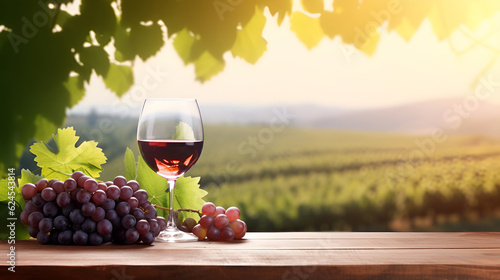 A glass of young red wine stands on an empty wooden table with copy space against the backdrop of a vineyard with the rays of the setting sun. The concept of wine production and tasting.