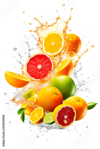 Fresh citrus fruits flying in water splash Isolated on white background. Copy Space. Generative AI