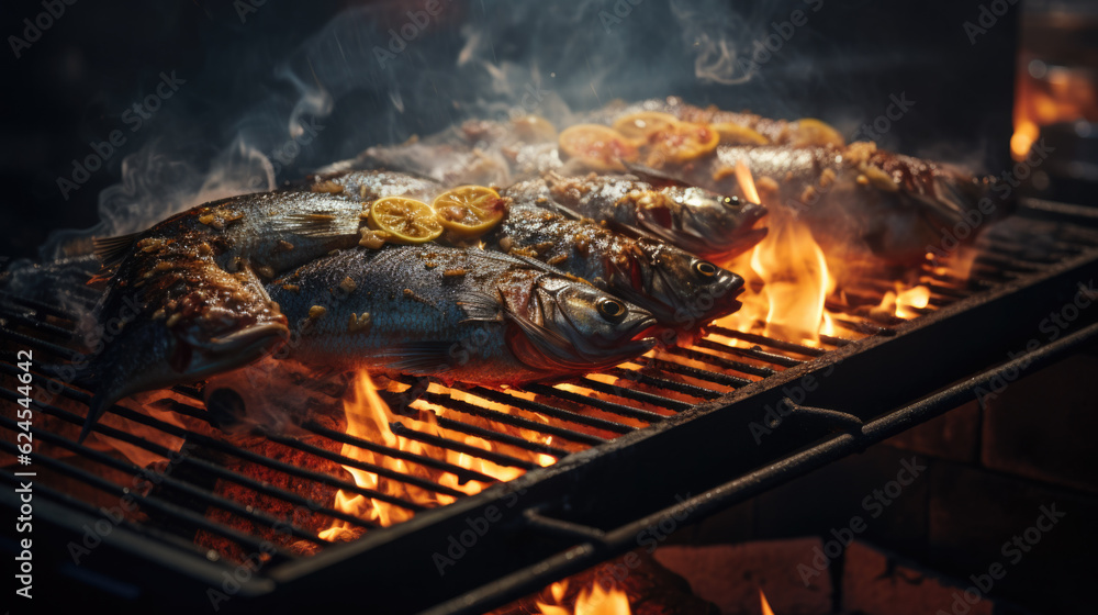 fish and vegetables with lemons on a grill. delicious healthy meal. Generative AI fish and vegetables with lemons on a grill. delicious healthy meal. Generative AI