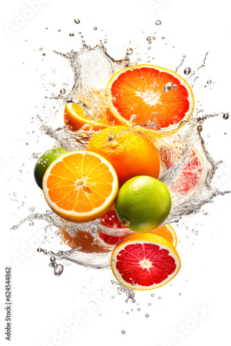 Fresh citrus fruits flying in water splash Isolated on white background. Copy Space. Generative AI