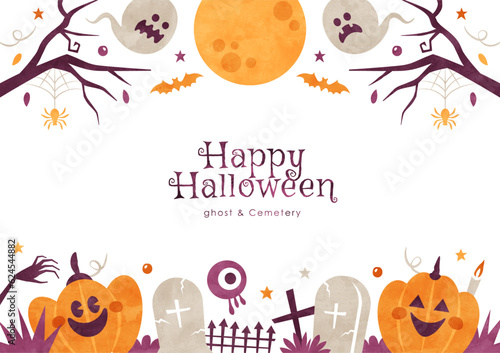 ハロウィンの背景フレーム かぼちゃとおばけと墓地の水彩イラスト