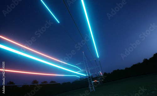 Energy stream flowing through steel tower high voltage power lines over night sky. Electric cables transmitting electricity obtained from sustainable sources, 3D render animation