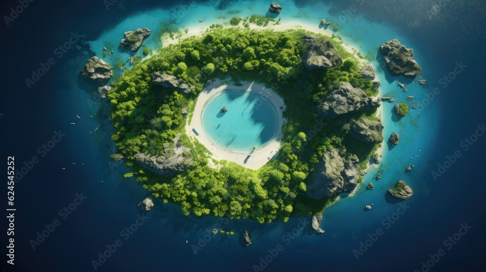 Naklejka premium a Tropical island aerial shot, escapism in a horizontal format in a Travel-themed, photorealistic illustration in JPG. Generative ai