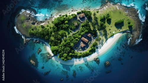 a Tropical island aerial shot, escapism in a horizontal format in a Travel-themed, photorealistic illustration in JPG. Generative ai © Purple Penguin GFX