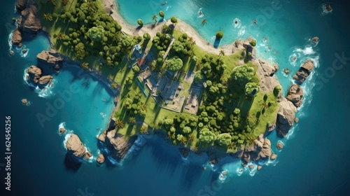 a Tropical island aerial shot, escapism in a horizontal format in a Travel-themed, photorealistic illustration in JPG. Generative ai