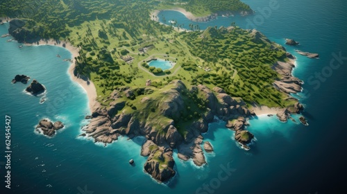 an Aerial top view of a Beautiful Island, in an Azure sea surrounded by emerald waters and lush tropical foliage, a birds-eye view in a Paradise-themed image as a JPG horizontal format. Generative AI