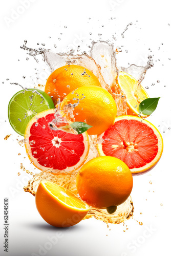 Fresh citrus fruits flying in water splash Isolated on white background. Copy Space. Generative AI