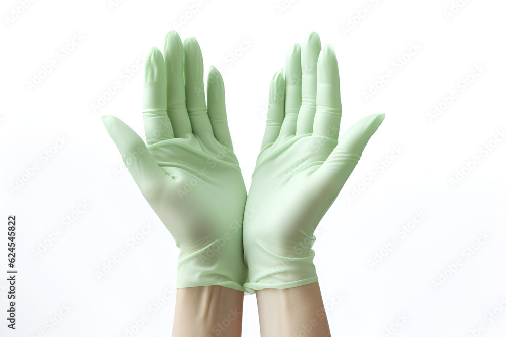 Obraz premium Medical gloves. Two green gloves isolated on white background with hands. Rubber glove manufacturing, human hand is wearing a latex glove. Putting on protective gloves