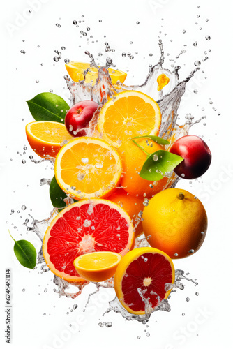 Fresh fruits flying in water splash Isolated on white background. Copy Space. Generative AI