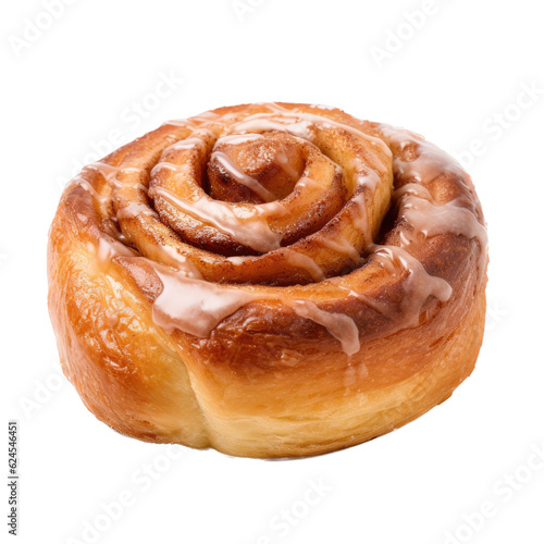 a delicious frosted cinnamon bun, baked to perfection, gooey and yummy Food-themed, photorealistic illustration in a PNG, cutout, and isolated. Generative AI
