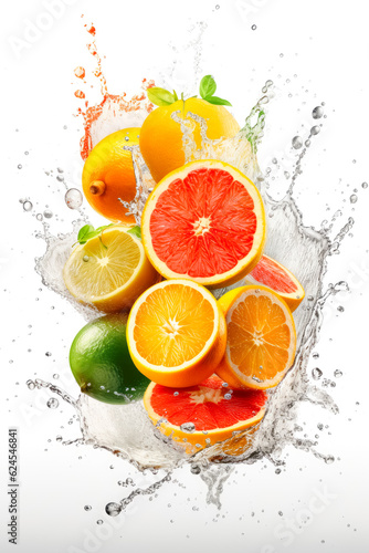 Fresh citrus fruits flying in water splash Isolated on white background. Copy Space. Generative AI