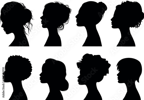 set of silhouettes of beautiful women. Stylish hairstyle. Portrait profile. Universal isolated avatar