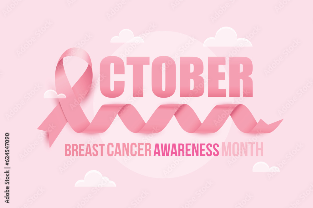 Pink ribbon for Breast Cancer Awareness Month October. Curly pink ribbon on pink background with clouds. Vector illustration.