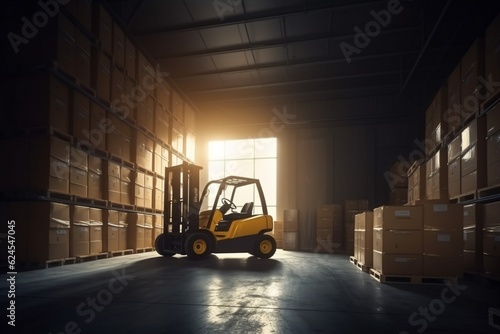cargo box logistic transportation forklift delivery storage distribution warehouse sun. Generative AI. © SHOTPRIME STUDIO