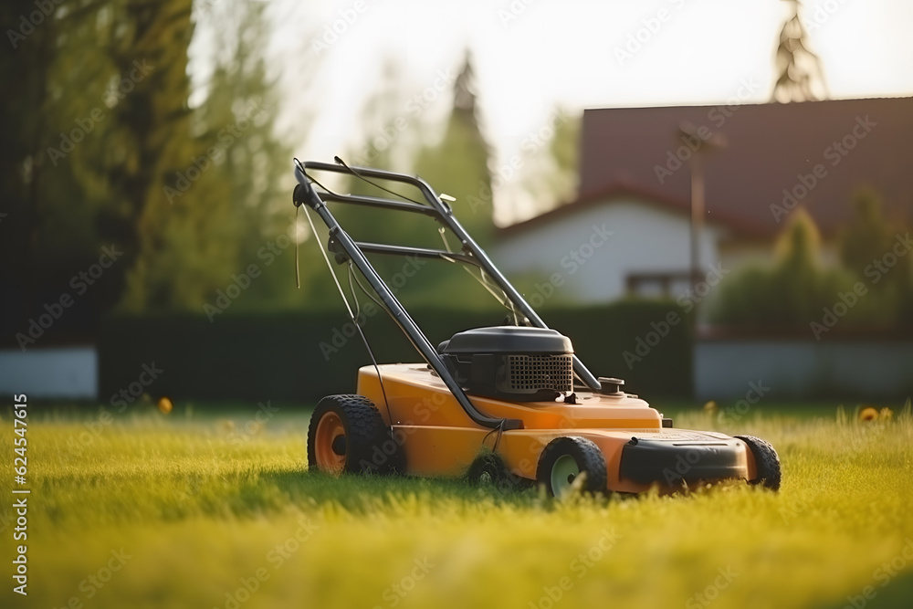 Fototapeta premium Lawn mower on green grass