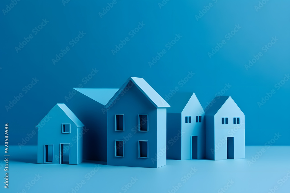 Miniature blue houses model on blue background Miniature blue houses model on blue background
