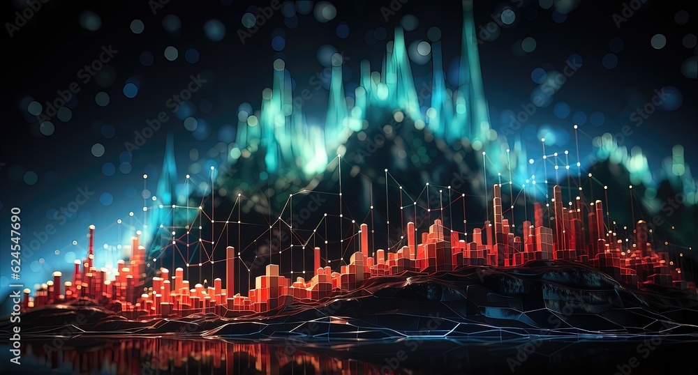 3D rendering of a cityscape with financial charts and graphs