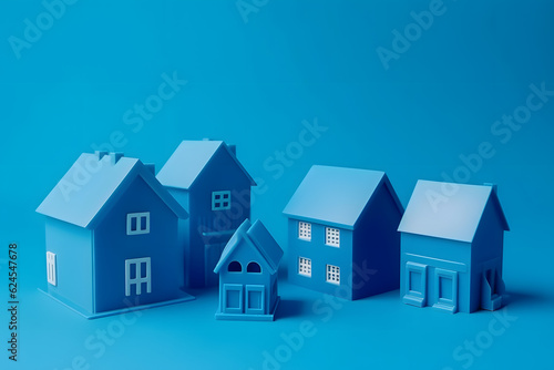 Miniature blue houses model on blue background