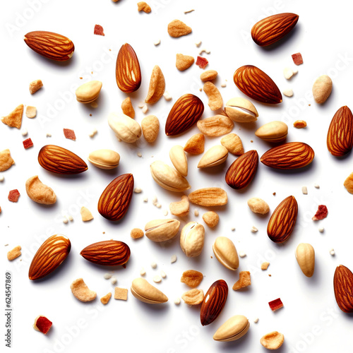 Almonds and cashews with crumbs isolated on white background. Top view of nuts pieces. Fancy mixed nuts on a white. Flat lay. AI Generated