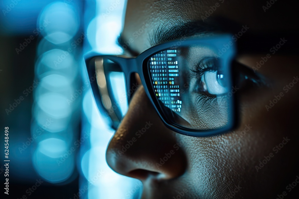 Close-up of Woman's Eyes and Glasses by Computer Monitor, Cybersecurity Concept Close-up of Woman's Eyes and Glasses by Computer Monitor, Cybersecurity Concept