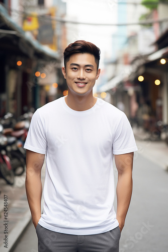 A handsome asian man in a white t-shirt, t-shirt mockup © GS Edwards Studio
