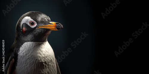 Penguin portrait on a black horizontal background. Marine flightless birds. Generative AI. © Helen-HD
