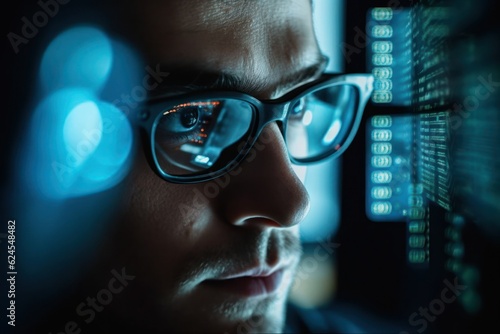 Cybersecurity illustrated, Close-up of Eyes and Glasses with Computer Monitor Reflection photo