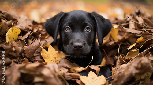 a cute black lab puppy in a pile of autumn leaves