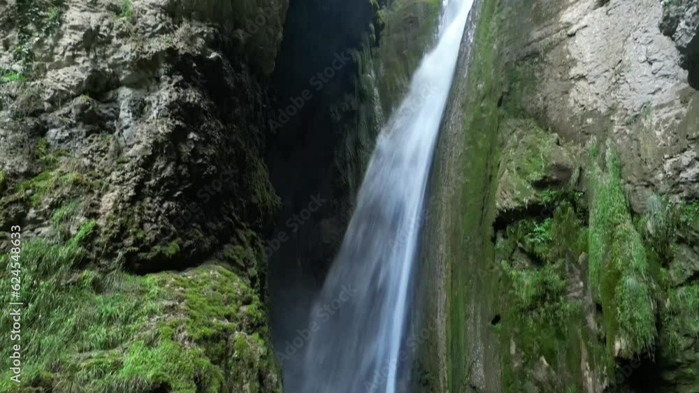 Panoramic aerial view of Chute de la Druise Waterfall. This is a large waterfall on the river Gervanne, located in Drôme, in the Auvergne-Rhône-Alpes region Panoramic aerial view of Chute de la Druise Waterfall. This is a large waterfall on the river Gervanne, located in Drôme, in the Auvergne-Rhône-Alpes region