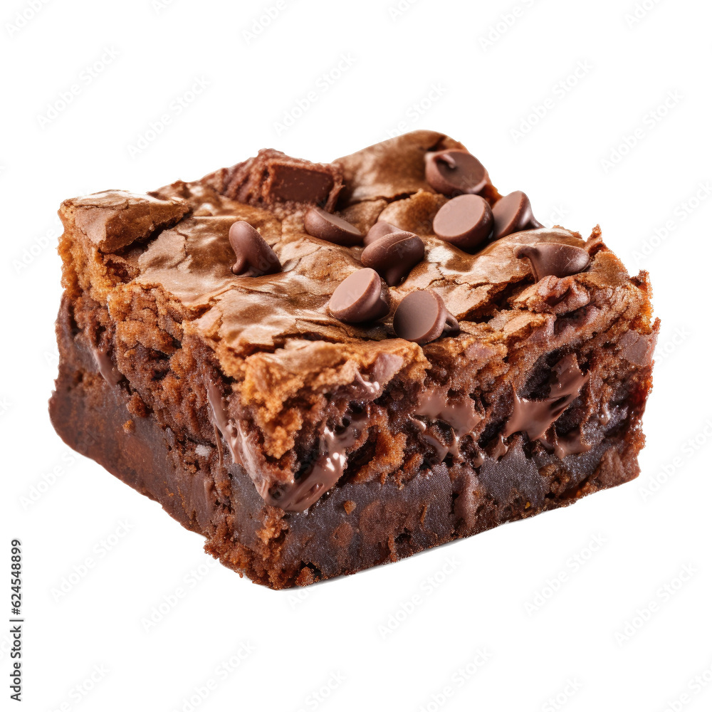 a delicious baked fudge brownie with chocolate chips in a Dessert-themed, photorealistic illustration in a PNG, cutout, and isolated. Generative AI
