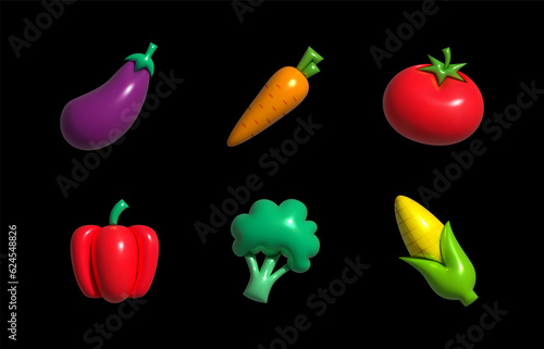 Inflatable Vegetables. Inflated 3D element with the plasticine effect. Set icon eggplant, carrot, tomato, pepper, broccoli, corn. Vector illustration