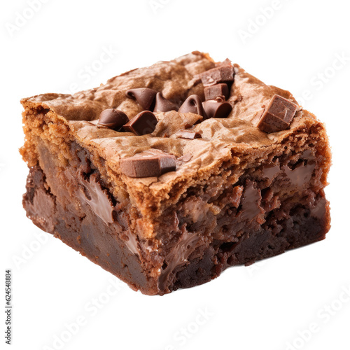 a delicious baked fudge brownie with chocolate chips in a Dessert-themed, photorealistic illustration in a PNG, cutout, and isolated. Generative AI