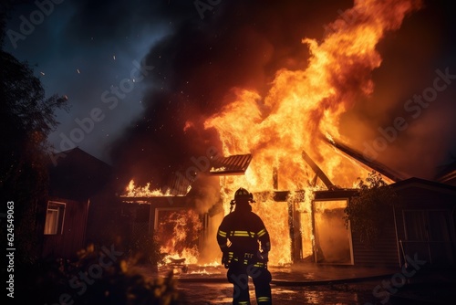 A firefighter complete with firefighting suit and gear is bravely running. In the background  the fire is raging and rising.