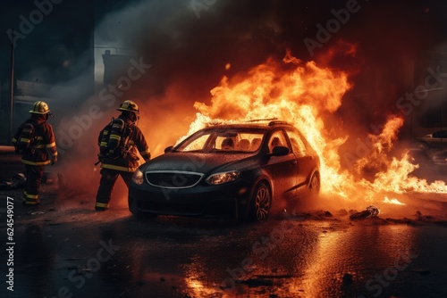 A firefighter complete with firefighting suit and gear is bravely running. In the background, the fire is raging and rising. © ChaoticMind