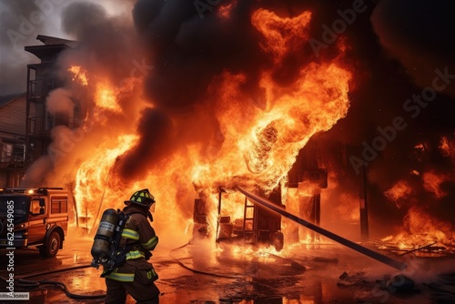 A firefighter complete with firefighting suit and gear is bravely running. In the background, the fire is raging and rising.