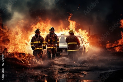 A firefighter complete with firefighting suit and gear is bravely running. In the background, the fire is raging and rising. photo