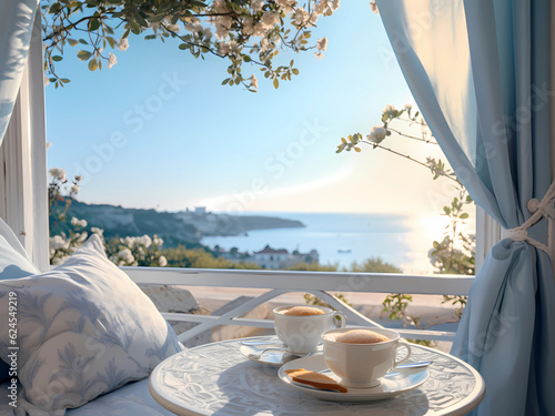 Photo beautiful morning cup of coffee by the sea in Portofino romantic resort at summe