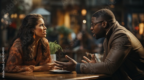 A young black couple arguing in a restaurant. Generative AI. 