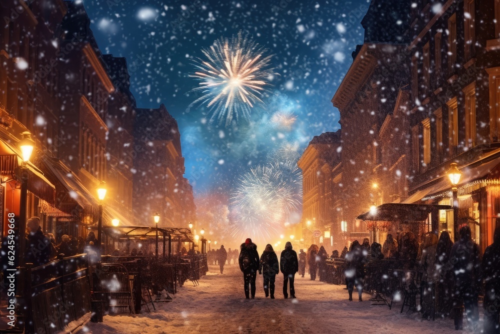 Obraz premium Winter fireworks over snow-covered landscape on Christmas Eve to ring in the New Year