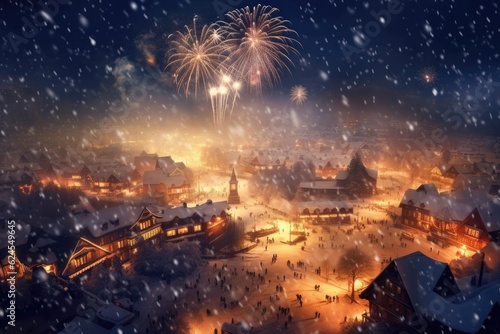 Winter fireworks over snow-covered landscape on Christmas Eve to ring in the New Year