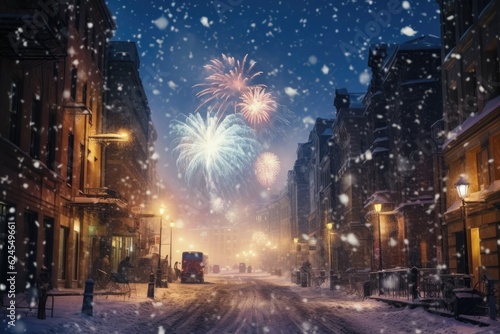 Winter fireworks over snow-covered landscape on Christmas Eve to ring in the New Year © ChaoticMind