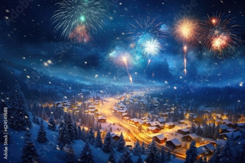 Winter fireworks over snow-covered landscape on Christmas Eve to ring in the New Year
