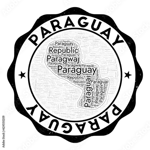 Paraguay logo. Appealing country badge with word cloud in shape of Paraguay. Round emblem with country name. Vibrant vector illustration.